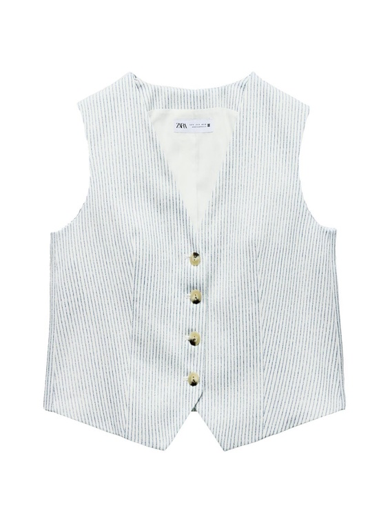 Zara Jackets & Blazers - Zara White Vest with Thin Blue Stripes and Tortoiseshell Buttons